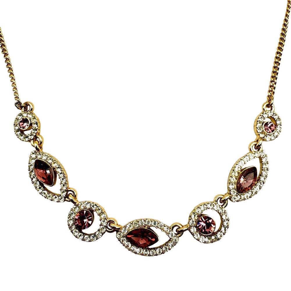 GIVENCHY Pave Orb Crystals Pink White Bib Necklace Gold Tone Chain 16" +2.5"